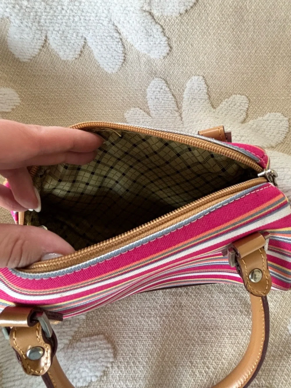 Striped Pink Multi-Color Canvas Satchel with Tan Handles - Picture 9 of 12